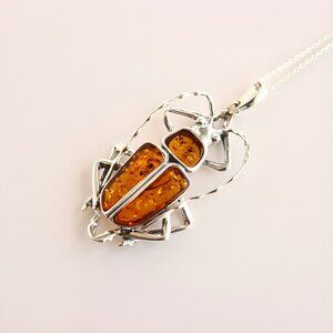 Baltic Amber Scarab Pendant Necklace in 925 Sterling Silver